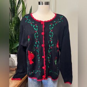 Vintage embroidered Christmas Sweater‎ Black Red Festive cardinal women’s large